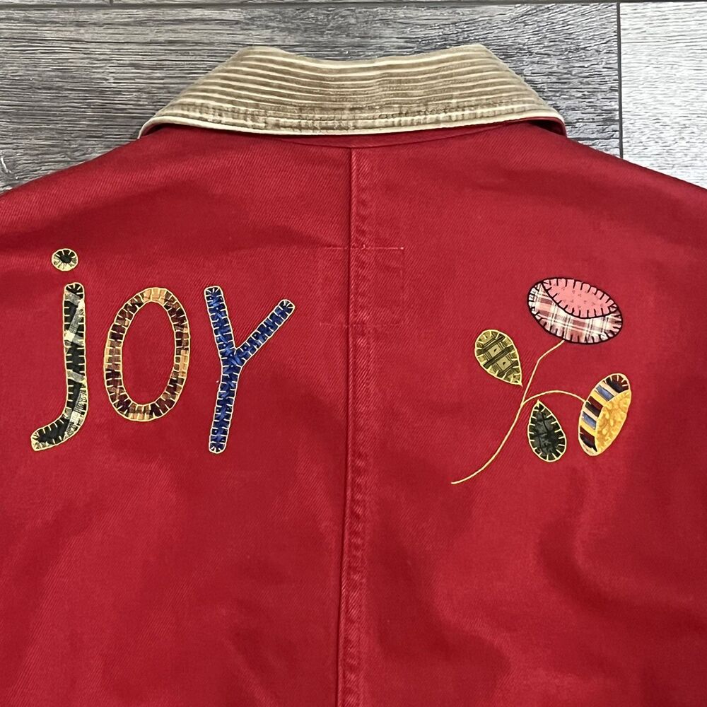 Vintage 80s Sun Belt Denim Red Cotton Jacket Folk Appliqué Live Laugh Love USA M - Picture 8 of 10
